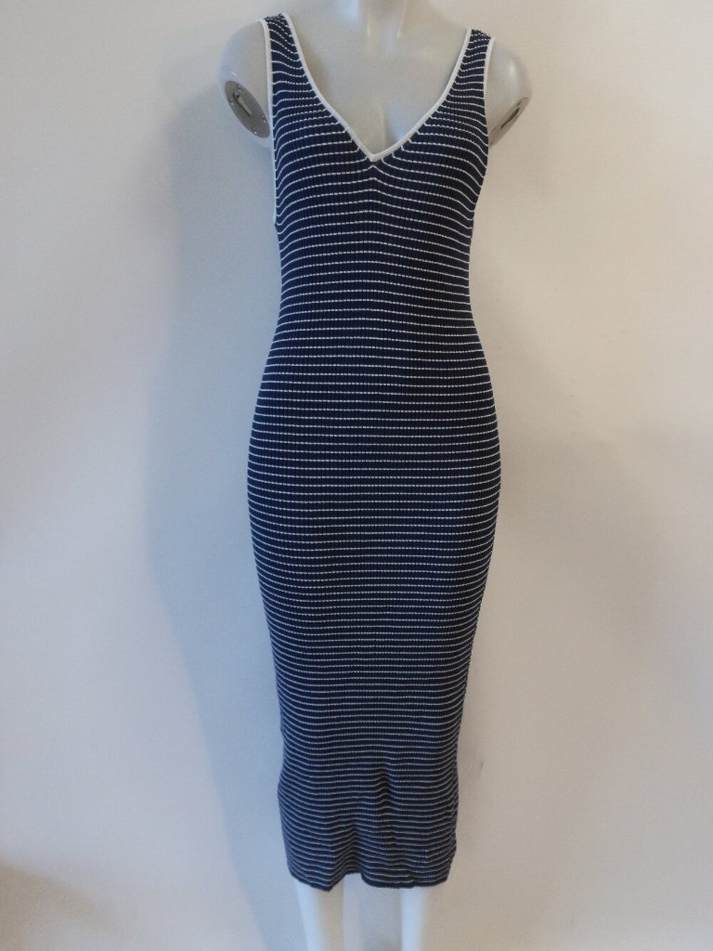 Womens STAUD Gray, White Striped Ribbed Bodycon Maxi V-Neck Tank Dress L